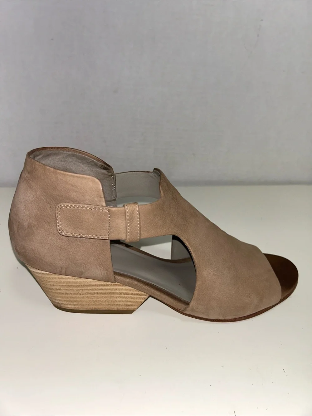 Eileen Fisher Tan Nubuck Peep Toe Cutout Wedge Heel Bootie Sandal